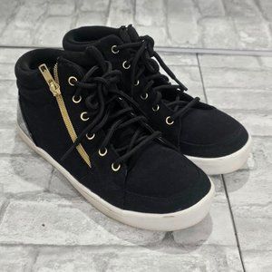 Girls Black Gold Size 6 High Top‎ Side Zip Heel Pull Strap Tennis Shoes, Women 8